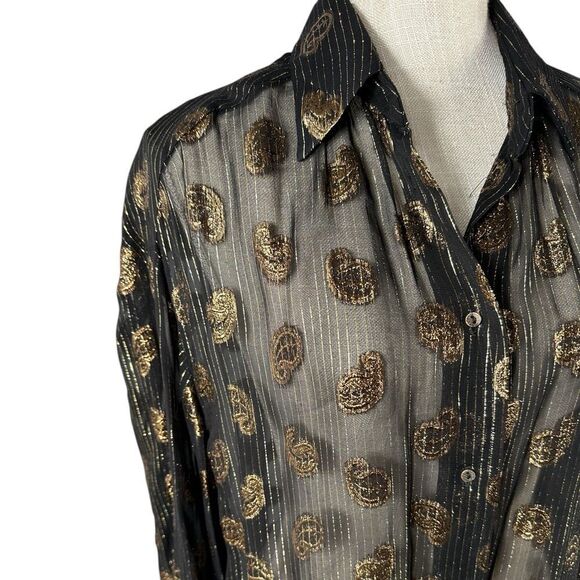 Zara Black & Gold Metallic Paisley Print Button Down Long Sleeve Blouse - Picture 6 of 10